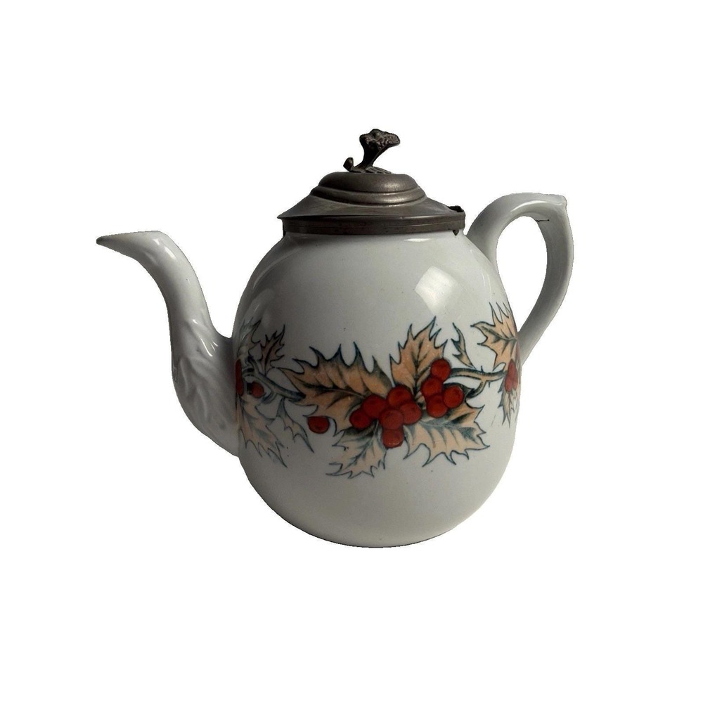 Antique H & j Royal London Holly  Berry Ironstone  Teapot  Pewter Lid 1870s